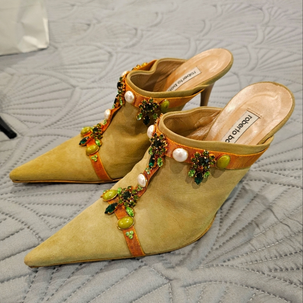 Roberto Botticelli Bejeweled Stilletto Mules 7 EUC